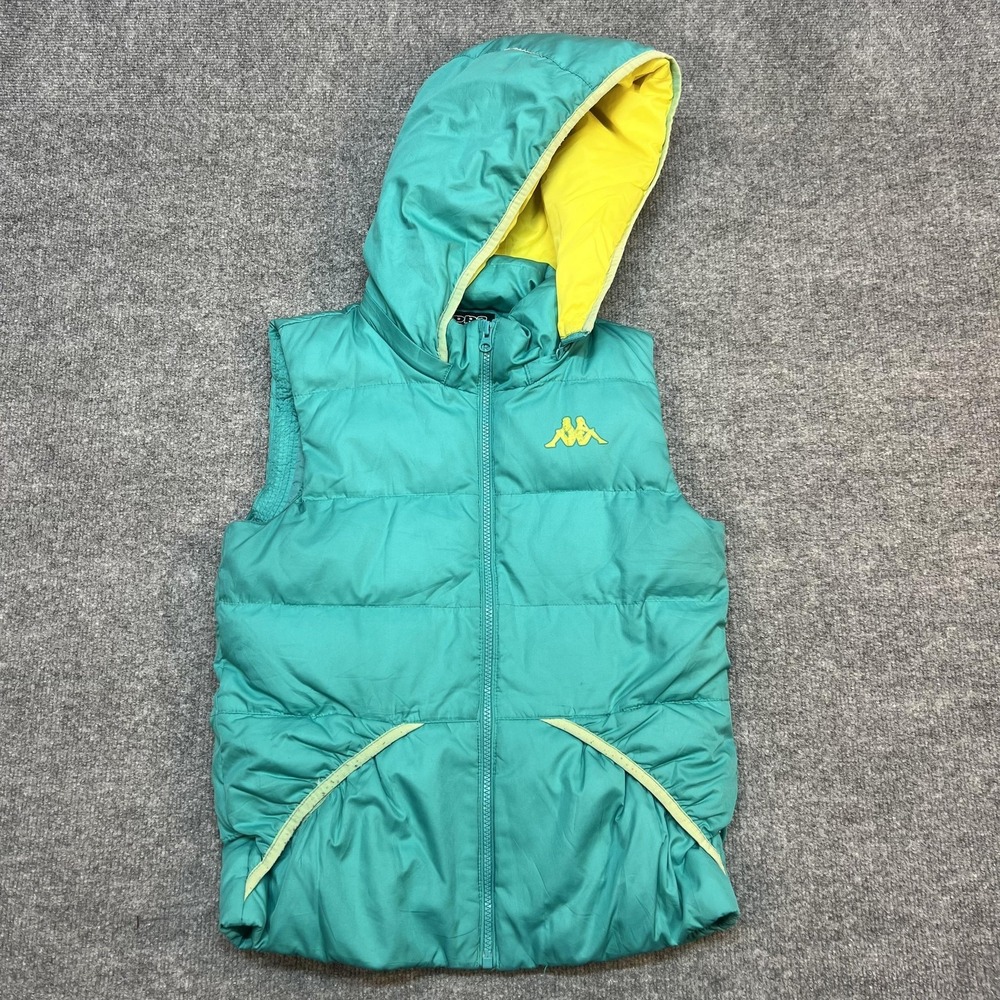 Kappa Vest Kids Medium Green Teal Hooded Puffer Zip Pockets Winter Warm